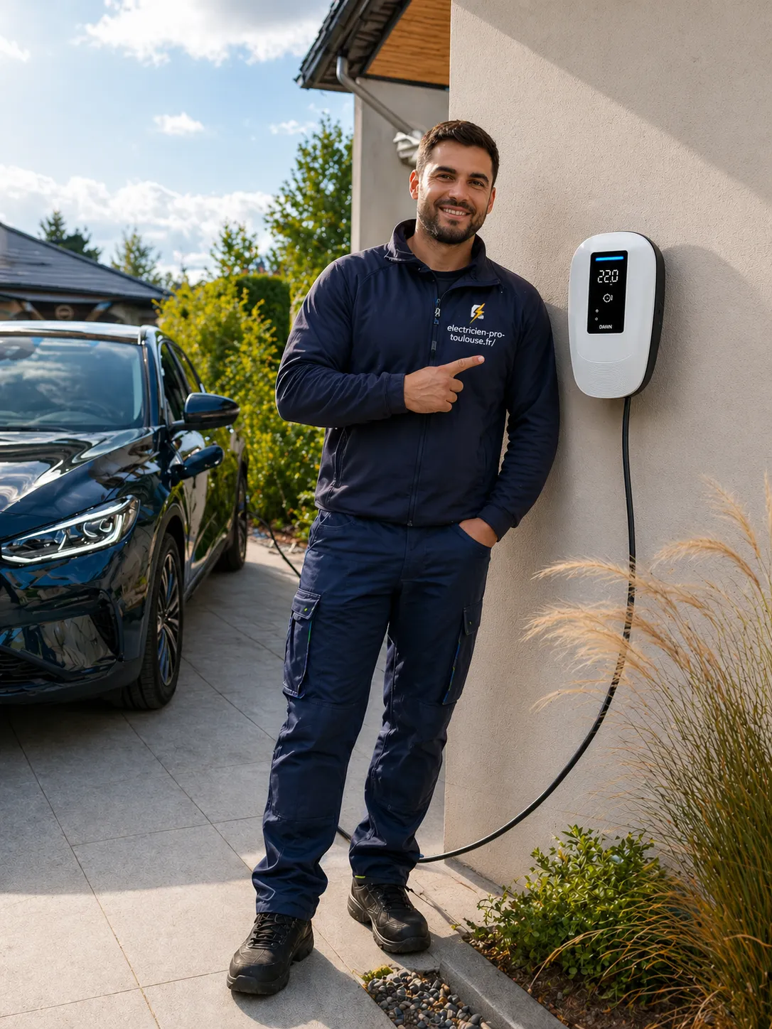 Électricien d’Électricien Pro Toulouse devant une wallbox blanche fraîchement installée sur le mur d’une maison, avec un véhicule électrique en charge à proximité