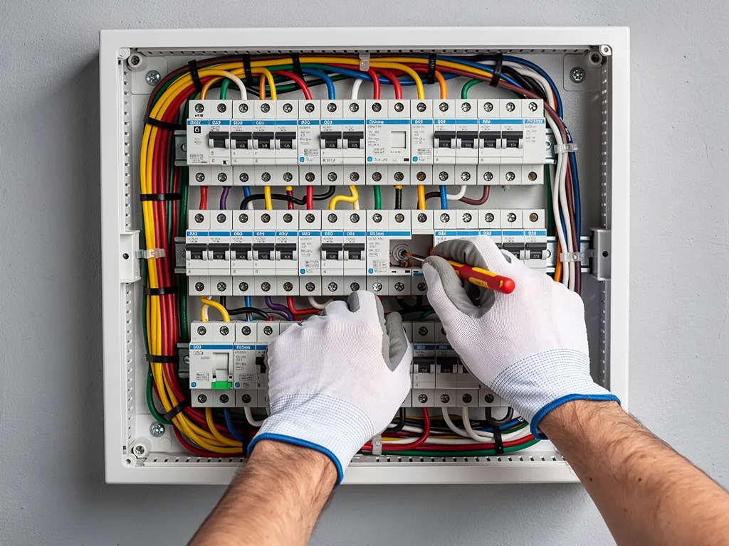 Tableau électrique résidentiel ouvert avec rangées de protections neuves et câblage propre
