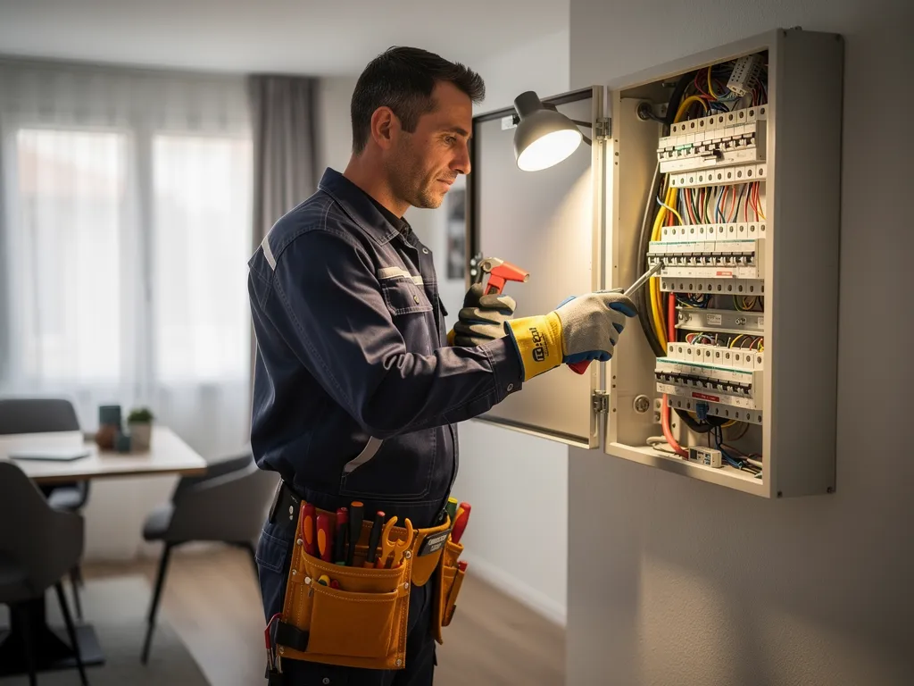 Électricien réalisant une mise en sécurité sur une installation électrique domestique