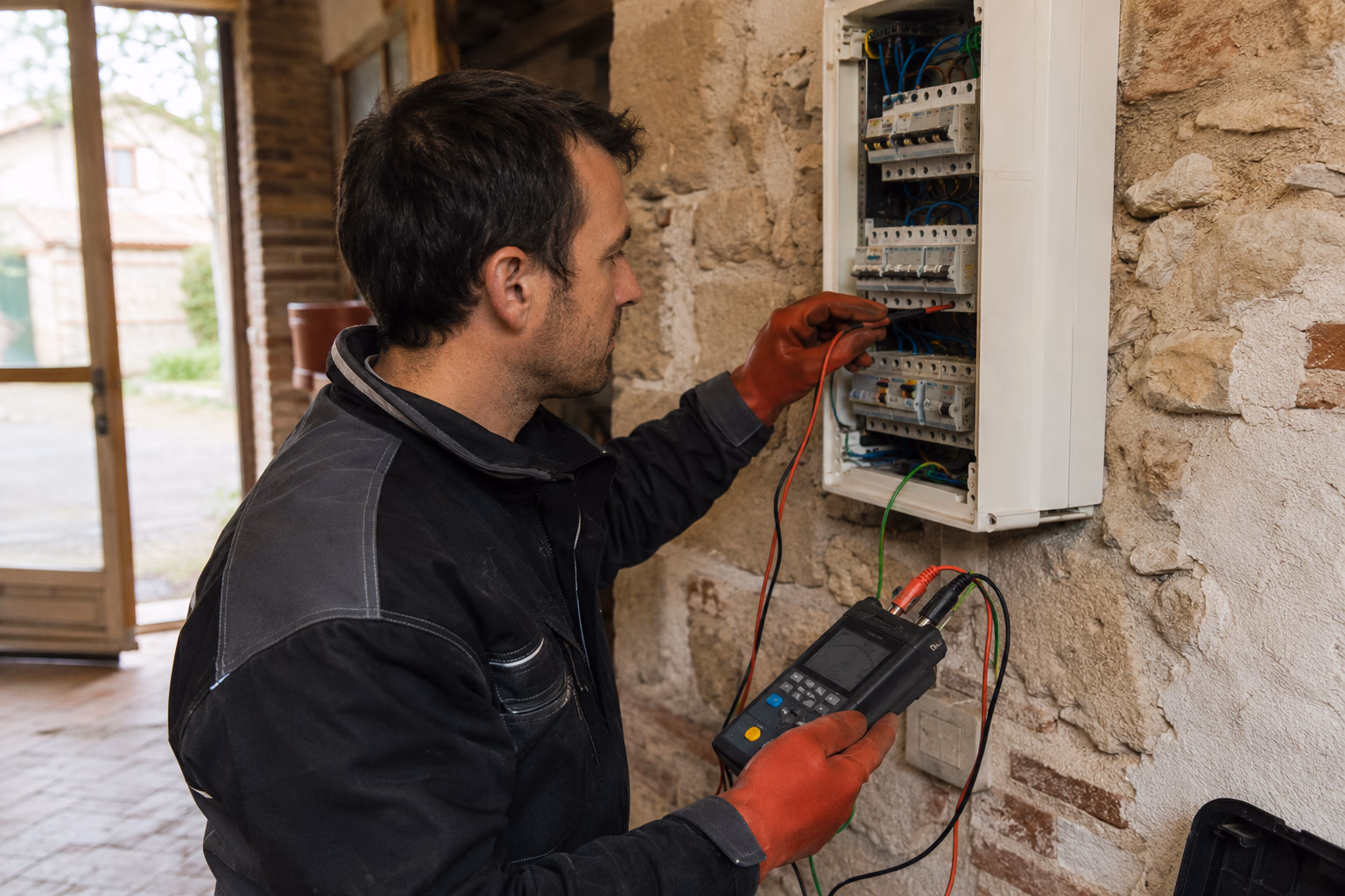 Électricien mesurant la résistance de prise de terre avec un telluromètre dans le tableau électrique d&#39;une maison ancienne en pierre à Muret