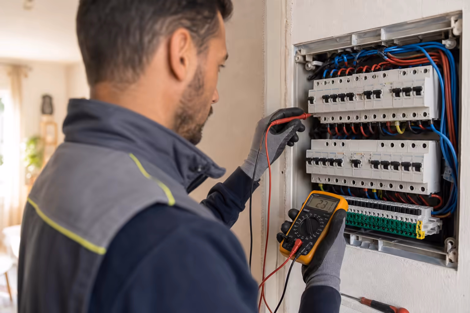 Électricien en gilet de travail testant un tableau électrique à Colomiers avec un multimètre, gros plan sur les disjoncteurs différentiels 30 mA