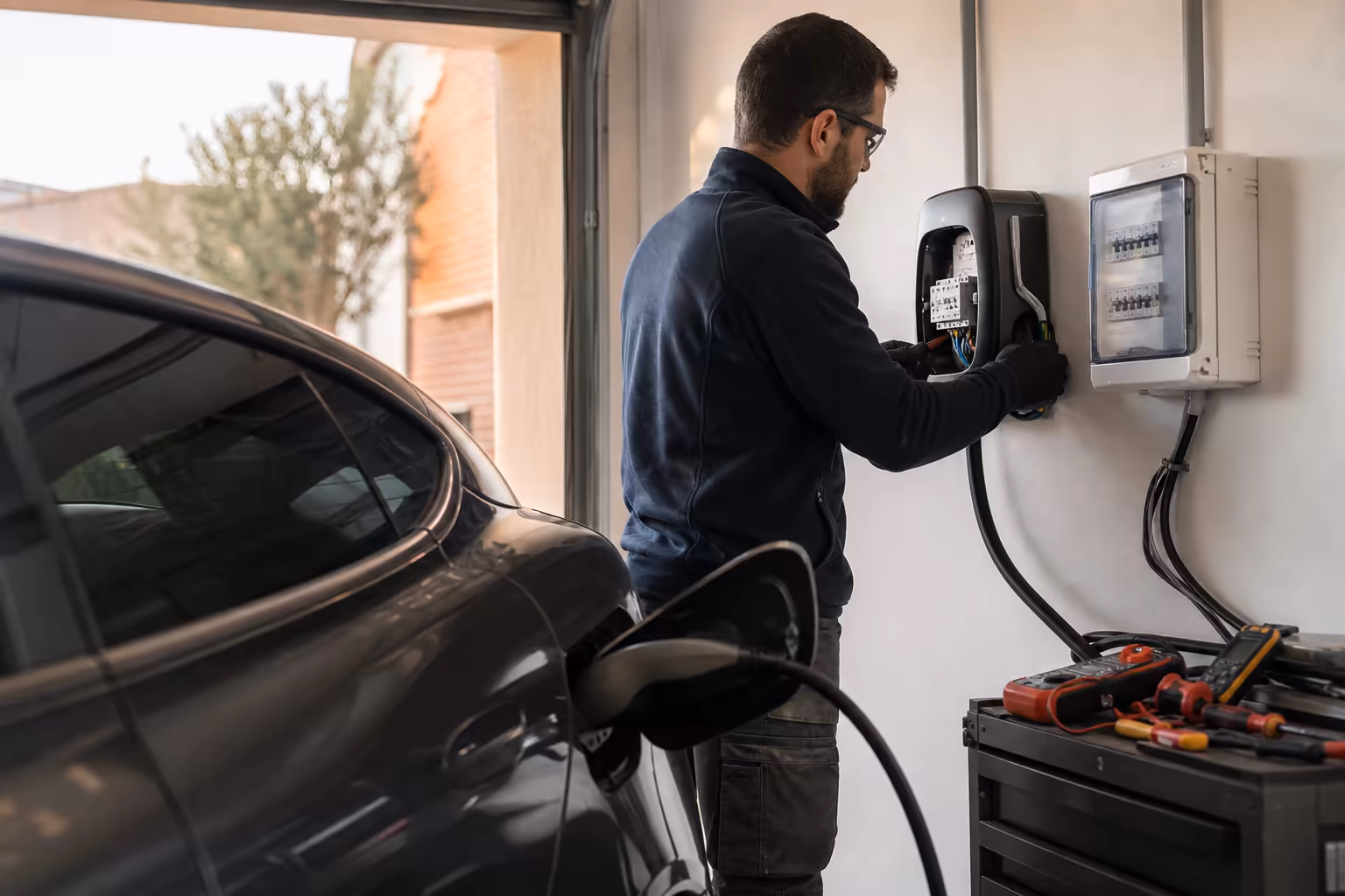 Électricien certifié IRVE en intervention sur une borne de recharge Wallbox murale dans un garage de maison toulousaine, voiture électrique branchée au premier plan