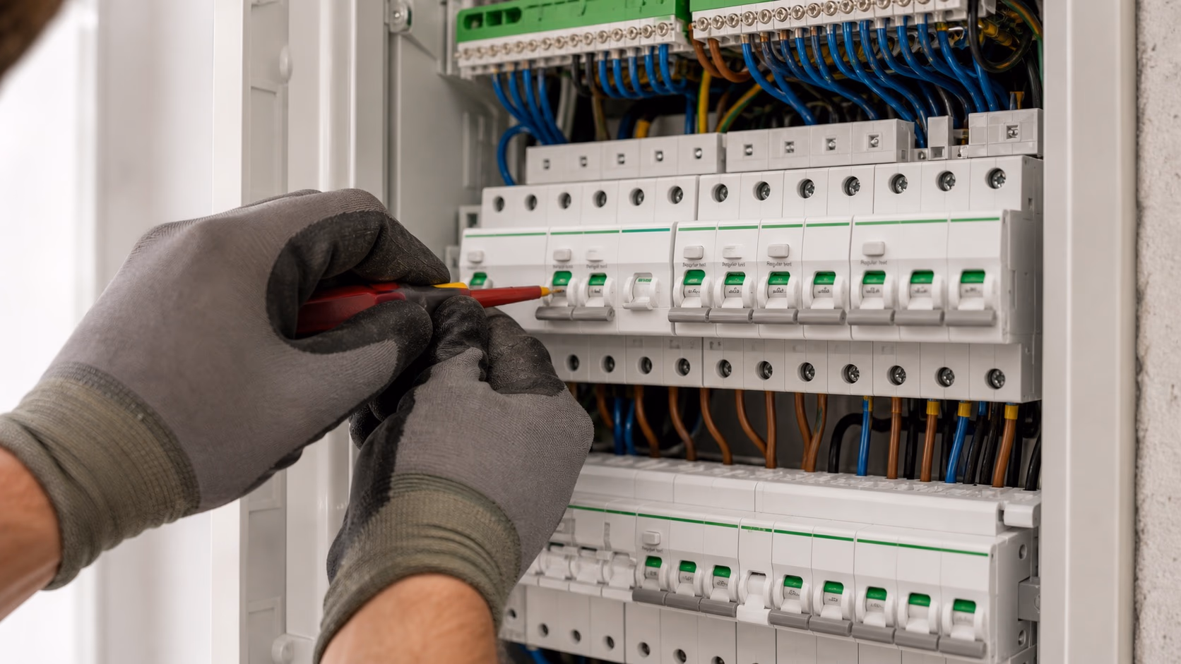 Détail rapproché d'un tableau électrique Schneider Resi9 avec disjoncteurs différentiels 30mA de couleur, peignes de raccordement et étiquetage clair des circuits