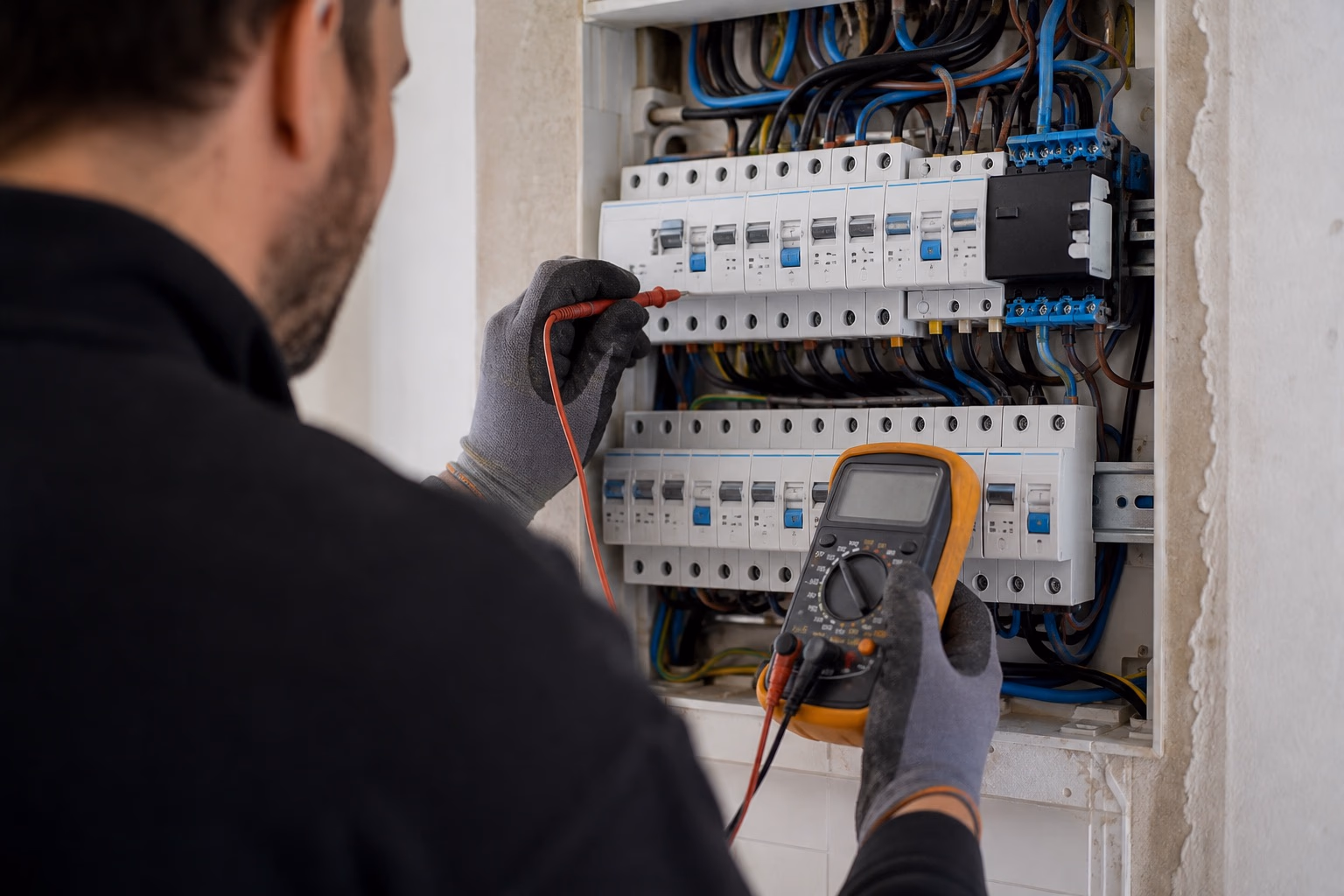Électricien en intervention sur un tableau électrique moderne dans une maison de Tournefeuille, multimètre en main, vue rapprochée des disjoncteurs différentiels